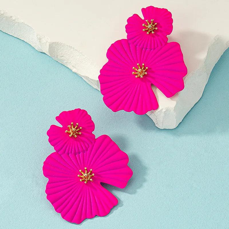 Bold Pink Flower Statement Earrings – Glamorous Double Bloom Design - AdDRESSingMe