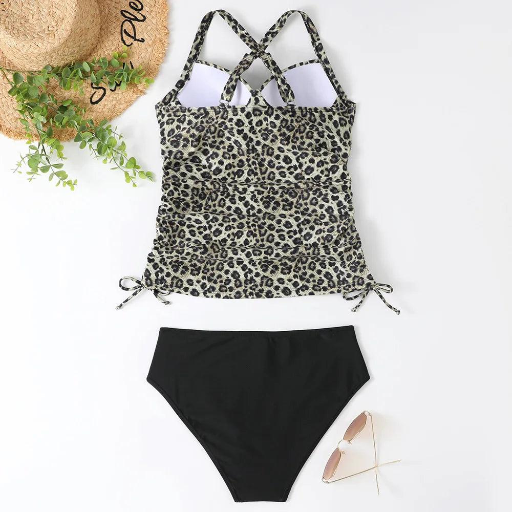 Leopard Top and Black Bottom Tankini Set - AdDRESSingMe