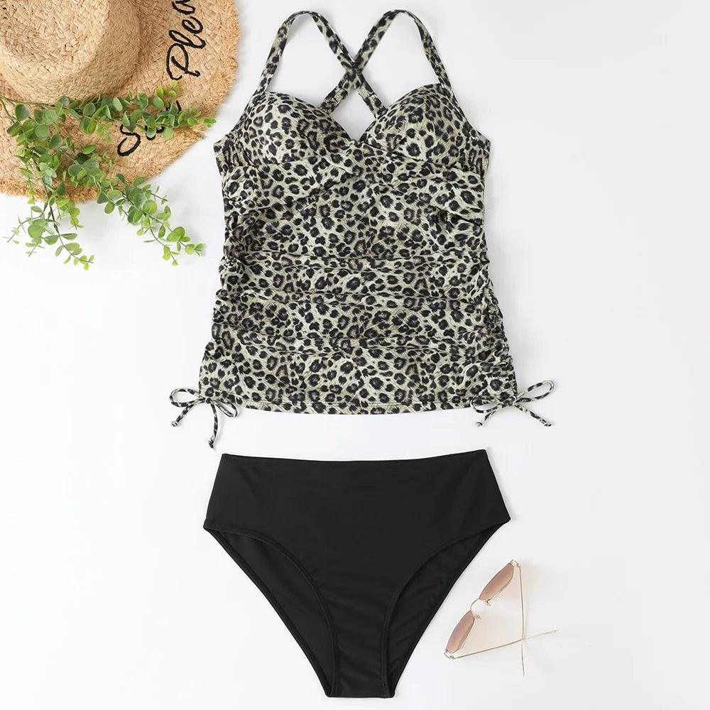 Leopard Top and Black Bottom Tankini Set - AdDRESSingMe