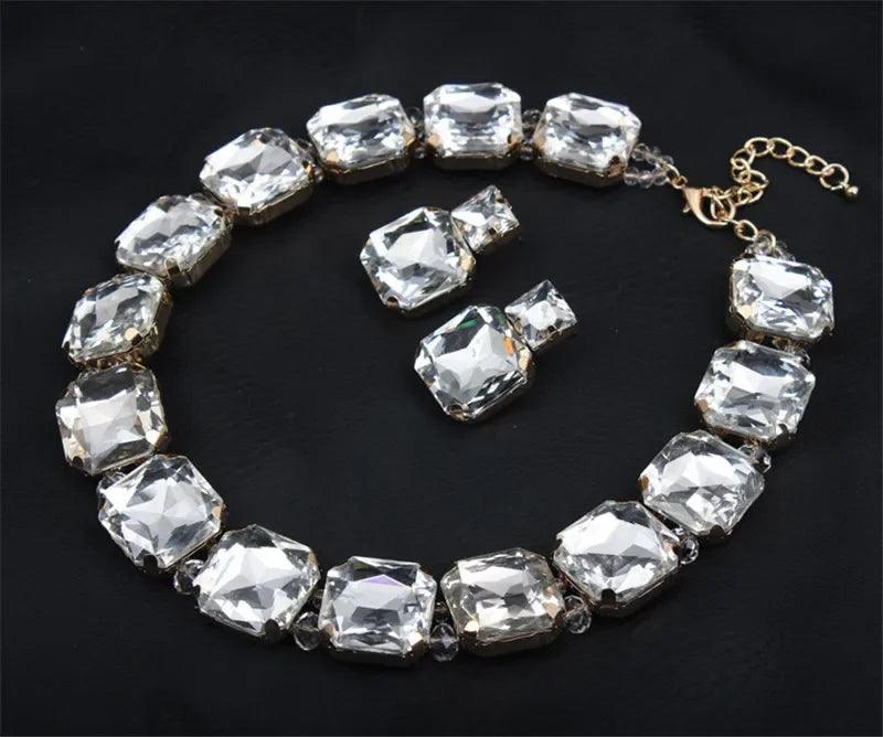 Geometric Crystal Rhinestone Necklace and Earring Set - White - AdDRESSingMe