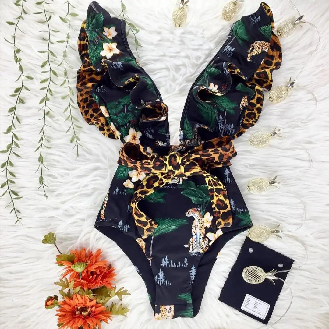 Deep V-neck Ruffle Shoulders One Piece Swimsuit - AdDRESSingMe