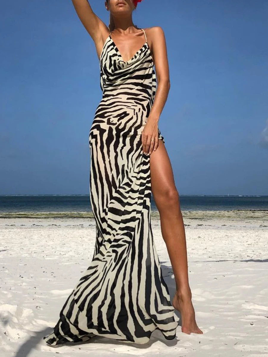 Sexy Split Backless Long Dress Zebra Cover-Up