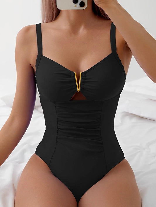 Cut Out Front Gold V Accent Swimsuit - AdDRESSingMe