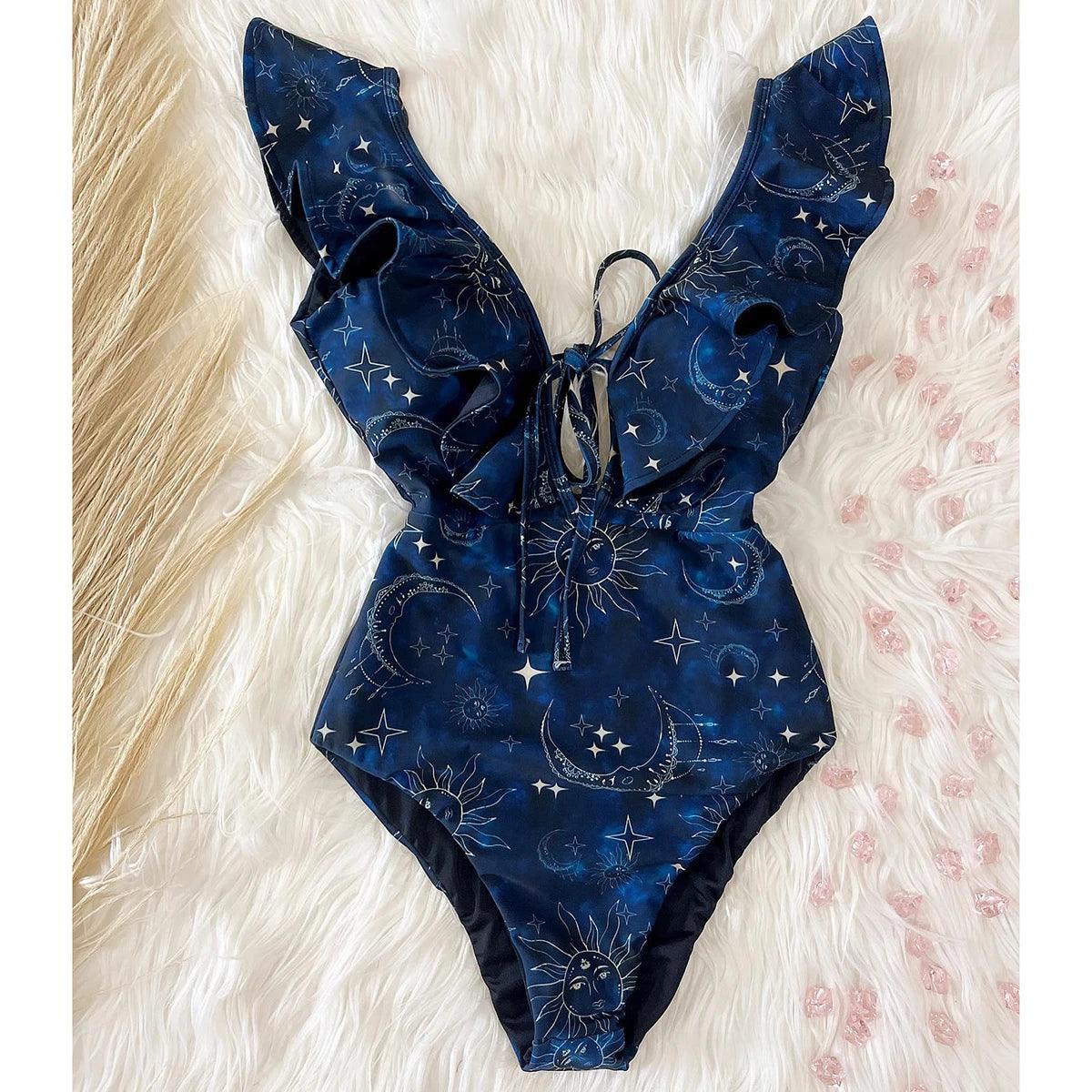 Deep V-neck Ruffle Shoulders One Piece Swimsuit - AdDRESSingMe