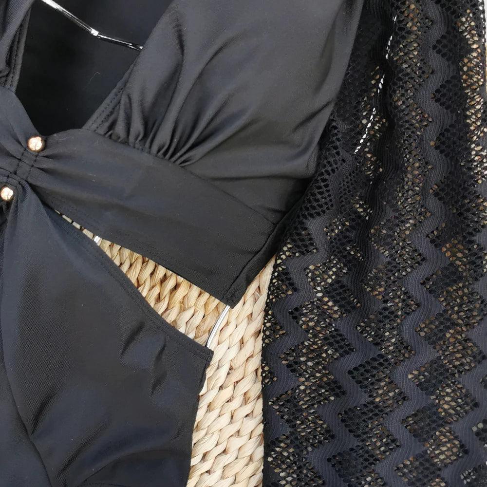 Retro Long Hollow Out Sleeve One Piece Swimsuit - AdDRESSingMe