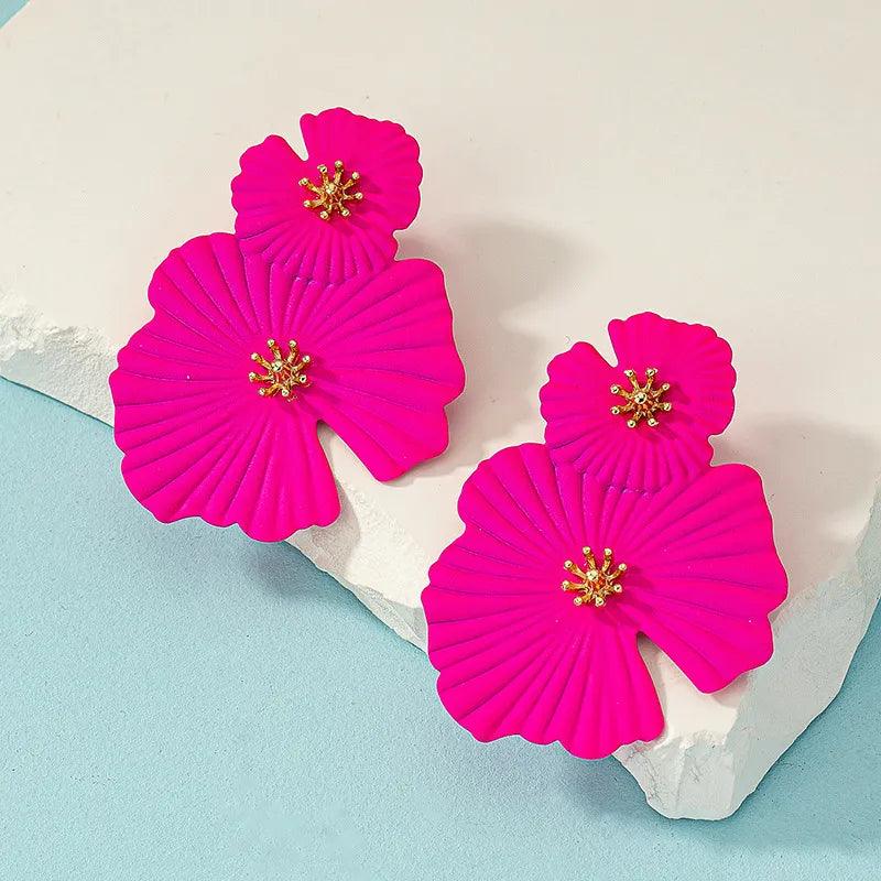 Bold Pink Flower Statement Earrings – Glamorous Double Bloom Design - AdDRESSingMe