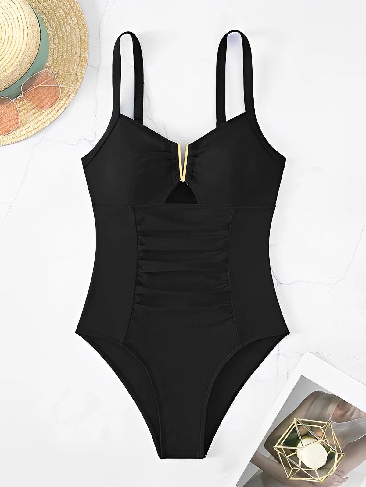 Cut Out Front Gold V Accent Swimsuit - AdDRESSingMe