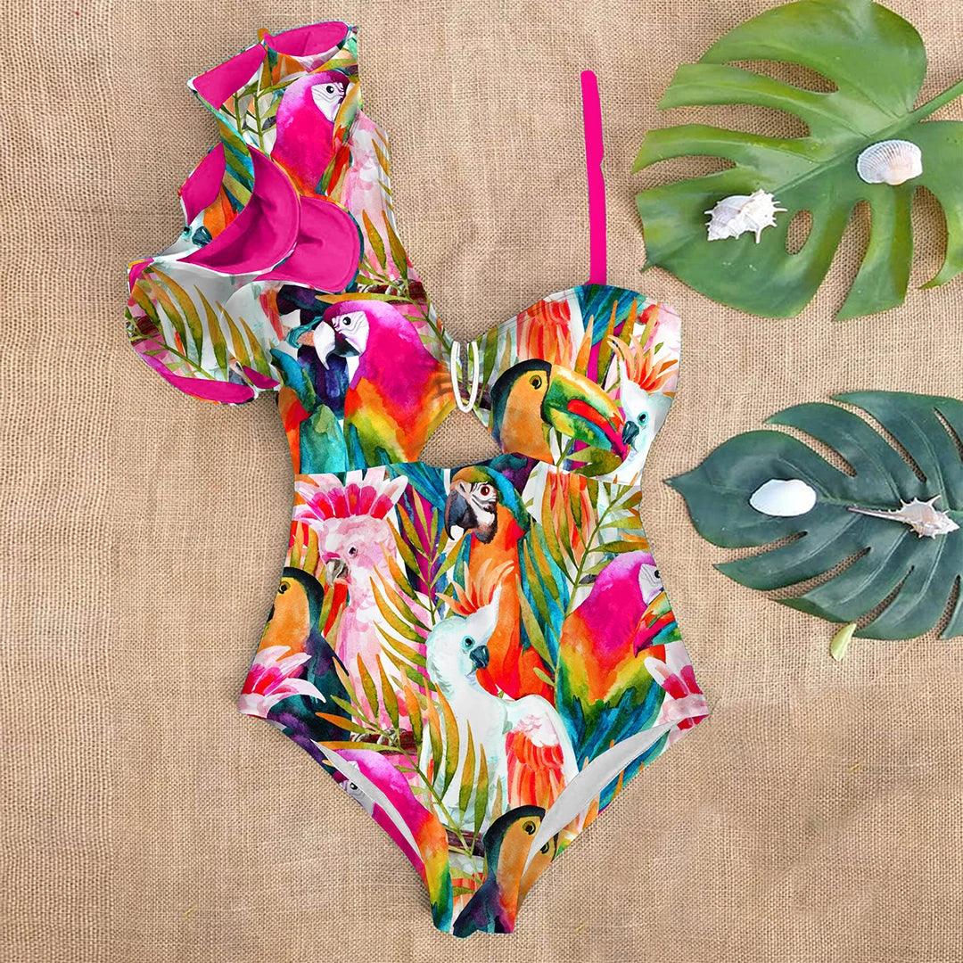 One Piece One Shoulder Ruffle Swimsuit With Tropical Prints - AdDRESSingMe