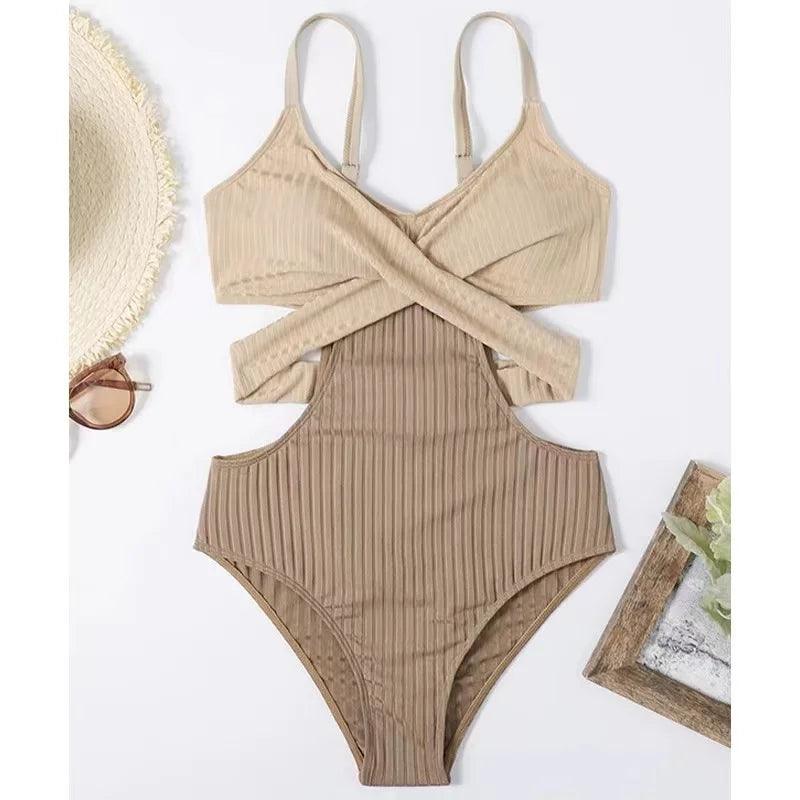 Beige and Brown Cross Cut Out Front One Piece Swimwear - AdDRESSingMe