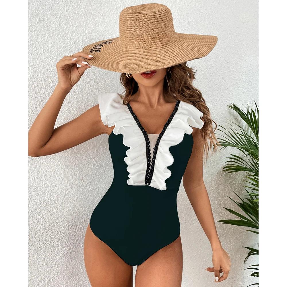 Solid Color Front V Shaped Ruffled Cut One Piece Swimsuit - AdDRESSingMe