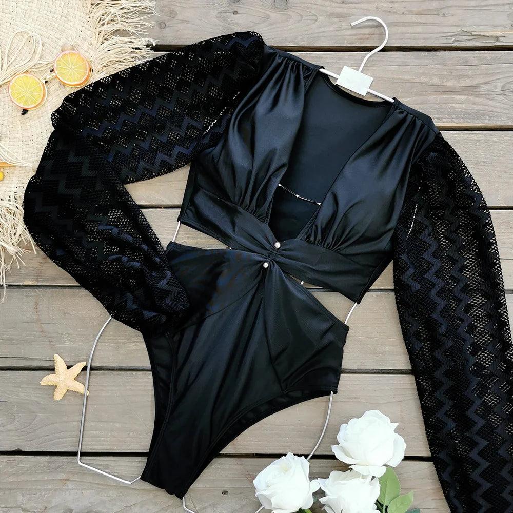 Retro Long Hollow Out Sleeve One Piece Swimsuit - AdDRESSingMe