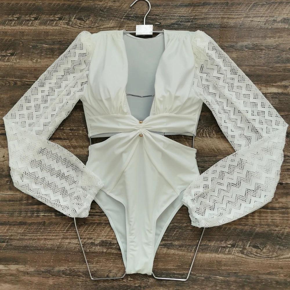 Retro Long Hollow Out Sleeve One Piece Swimsuit - AdDRESSingMe