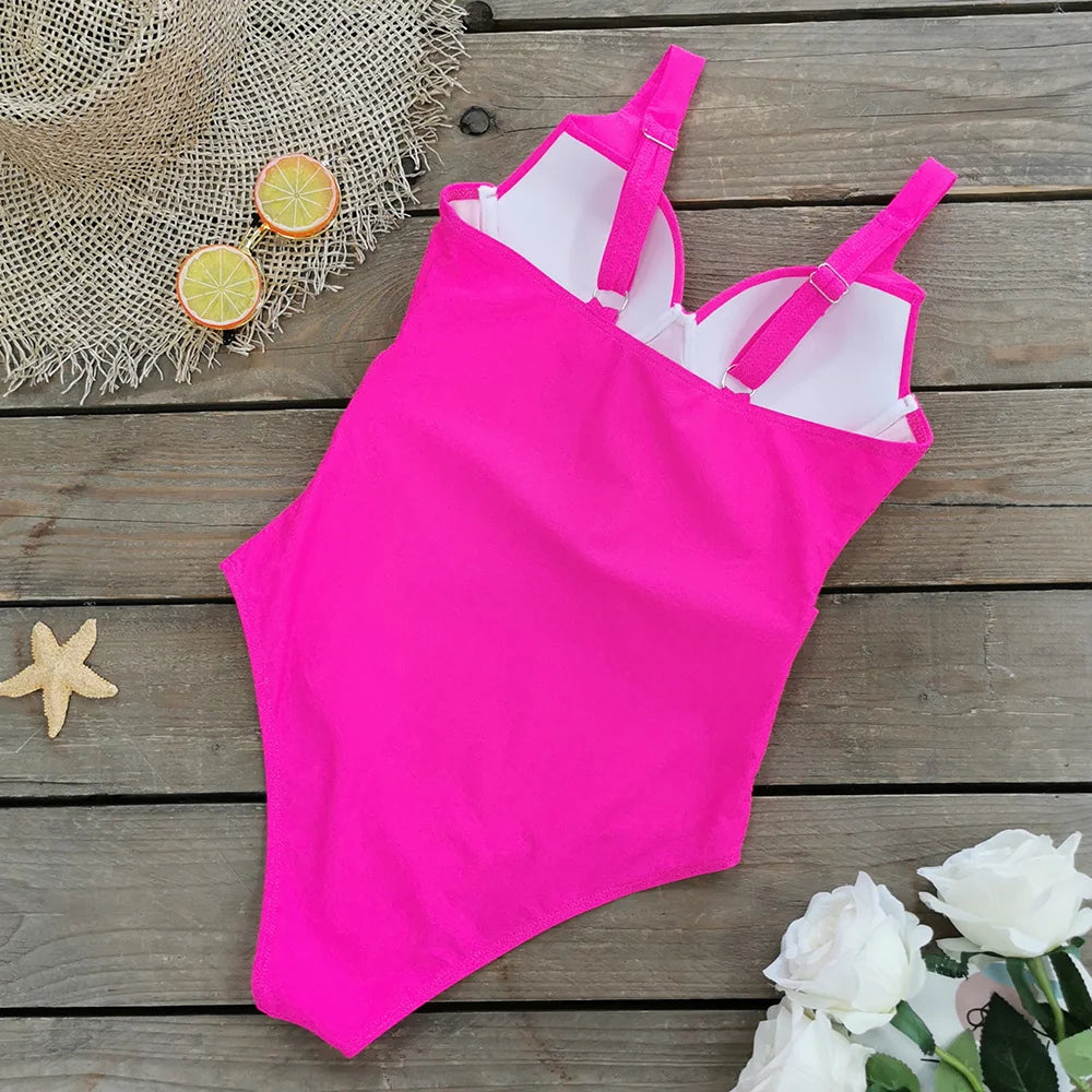 Elegant One Piece Pink Push Up Swimsuit With Belt