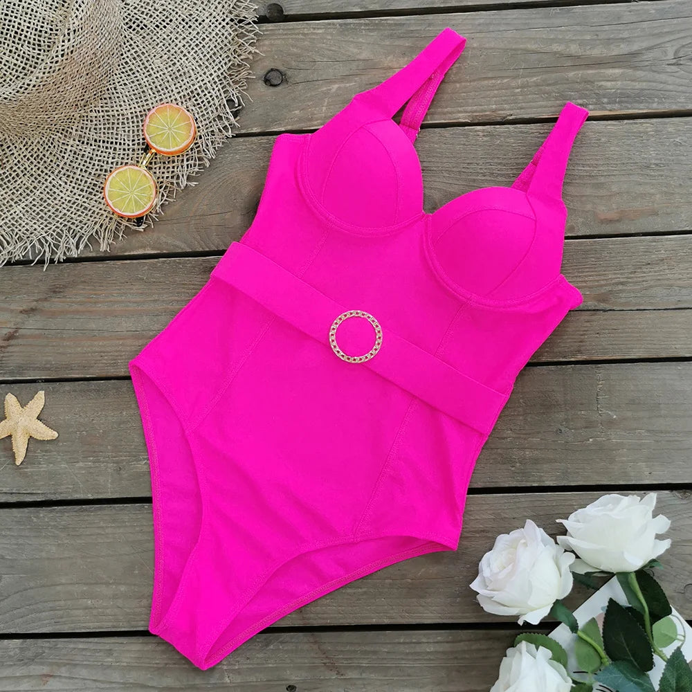 Elegant One Piece Pink Push Up Swimsuit With Belt