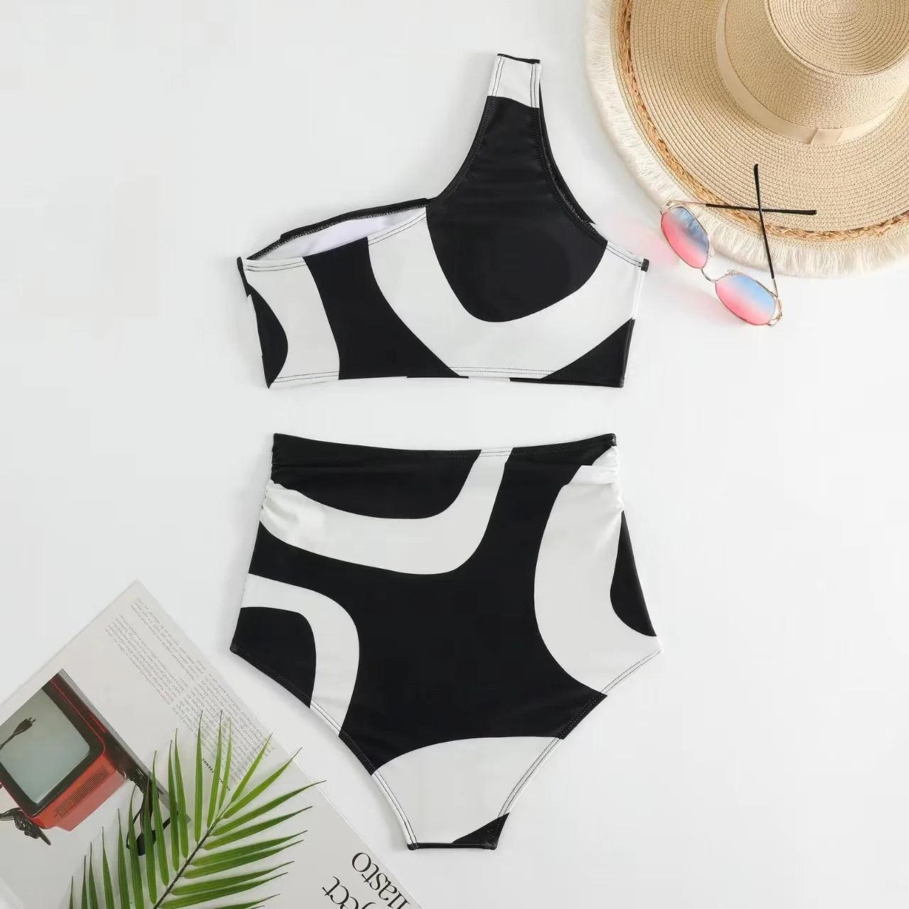 Black and White High Waist One Shoulder Geometric Shape Bikini Set - AdDRESSingMe