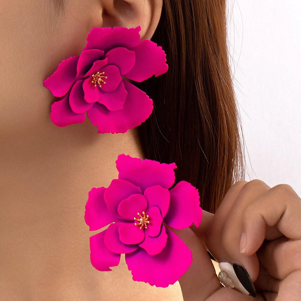 Bold Pink Flower Statement Earrings – Glamorous Double Bloom Design - AdDRESSingMe