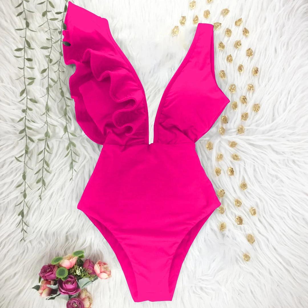 Deep V-neck Ruffle Shoulders One Piece Swimsuit - AdDRESSingMe