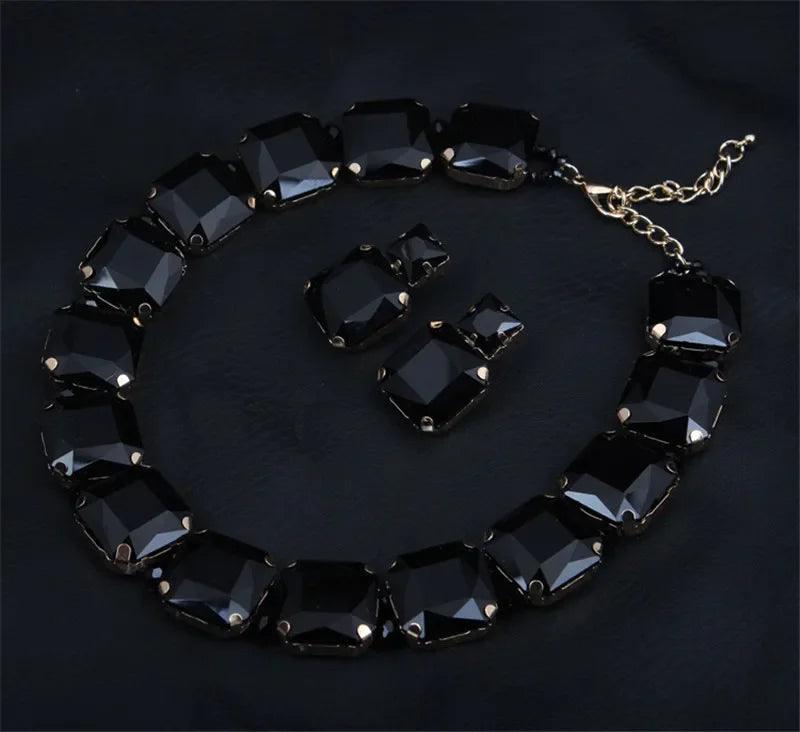 Geometric Crystal Rhinestone Necklace and Earring Set- Black - AdDRESSingMe