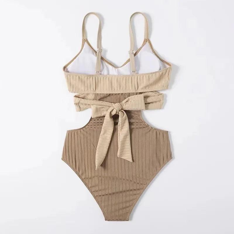 Beige and Brown Cross Cut Out Front One Piece Swimwear - AdDRESSingMe
