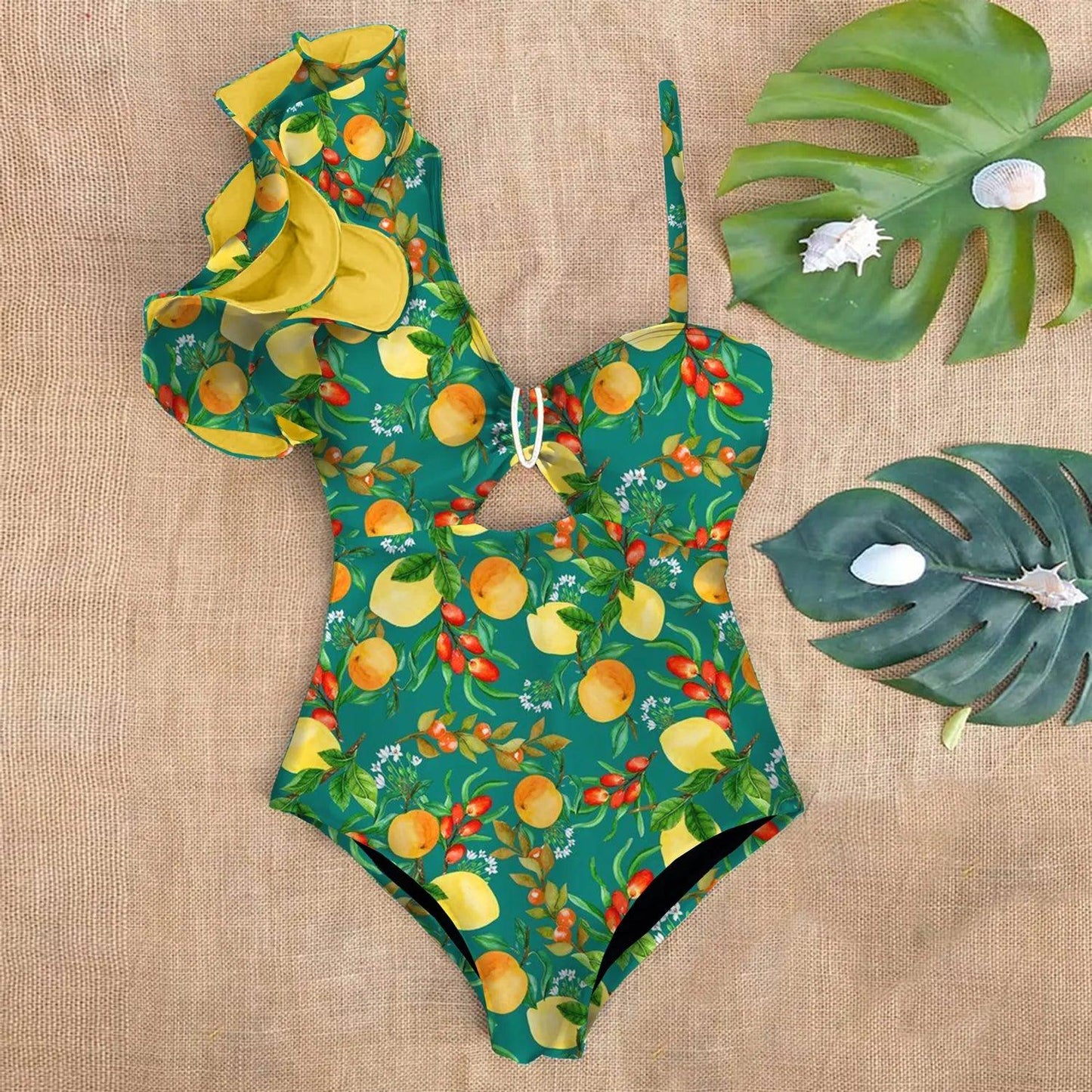 One Piece One Shoulder Ruffle Swimsuit With Tropical Prints - AdDRESSingMe