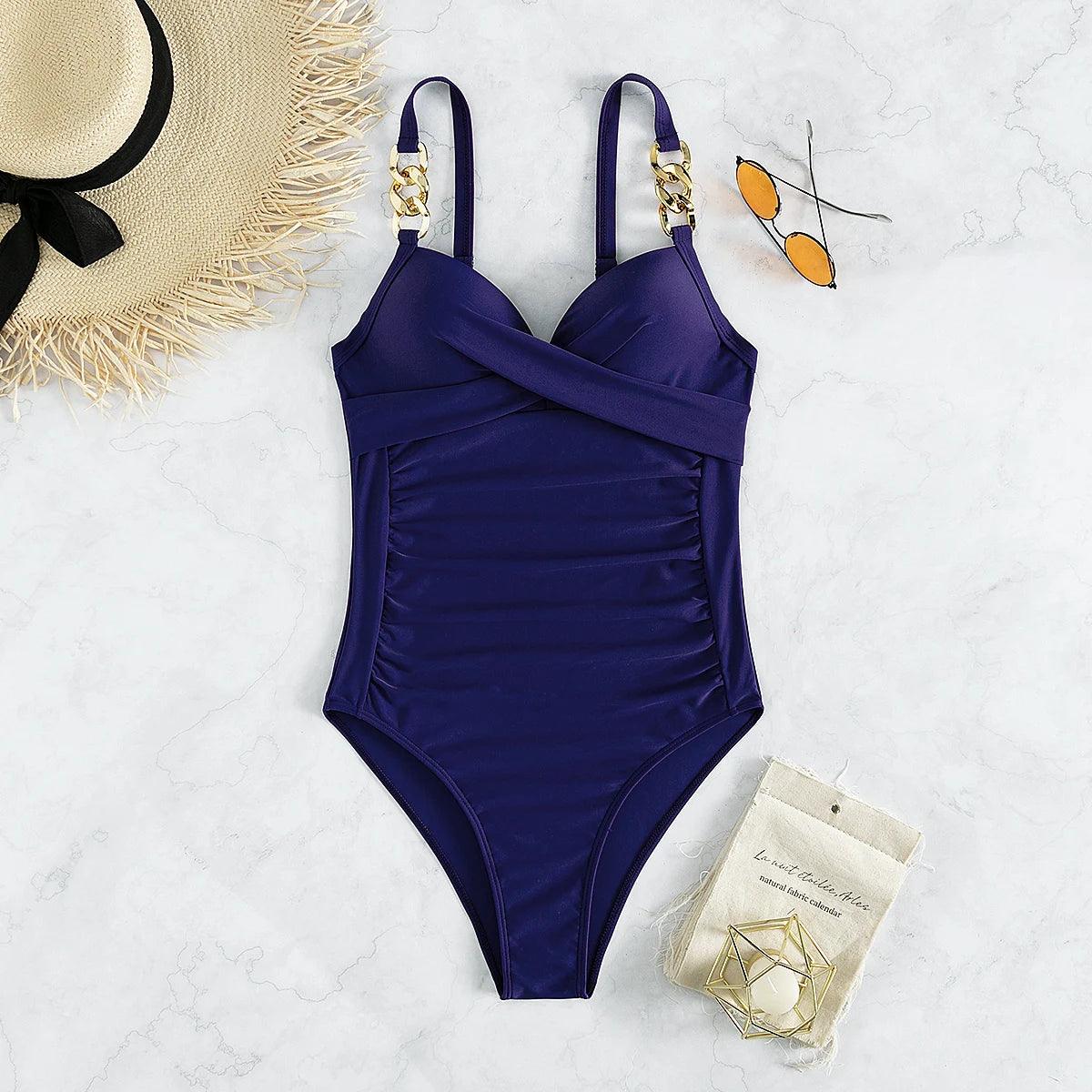 Royal Blue Gold Chain Strap One Piece Swimsuit - AdDRESSingMe