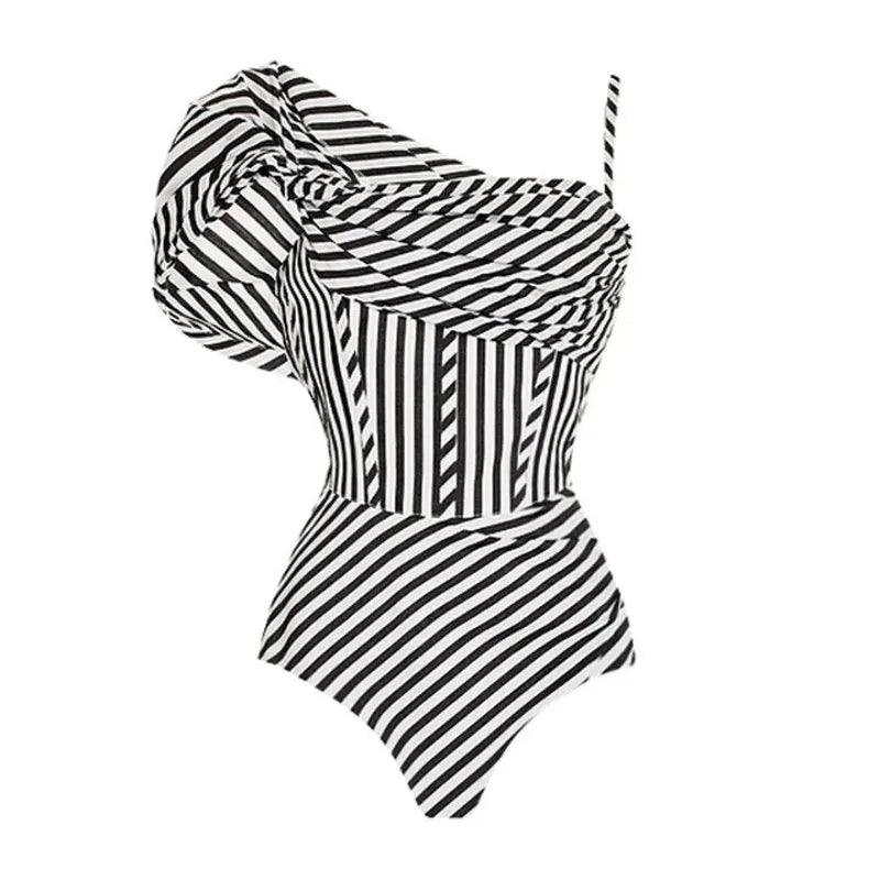 One Shoulder Black and White Striped Swimsuit and Black Sarong - AdDRESSingMe