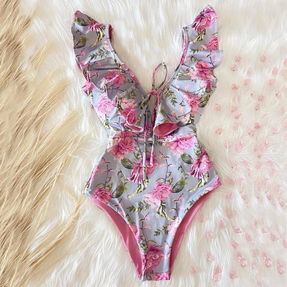 Deep V-neck Ruffle Shoulders One Piece Swimsuit - AdDRESSingMe