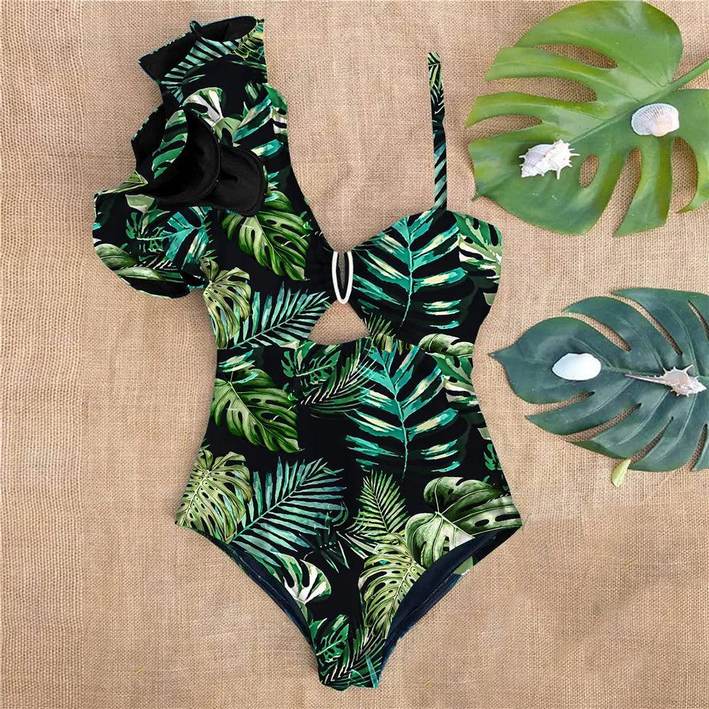 One Piece One Shoulder Ruffle Swimsuit With Tropical Prints - AdDRESSingMe