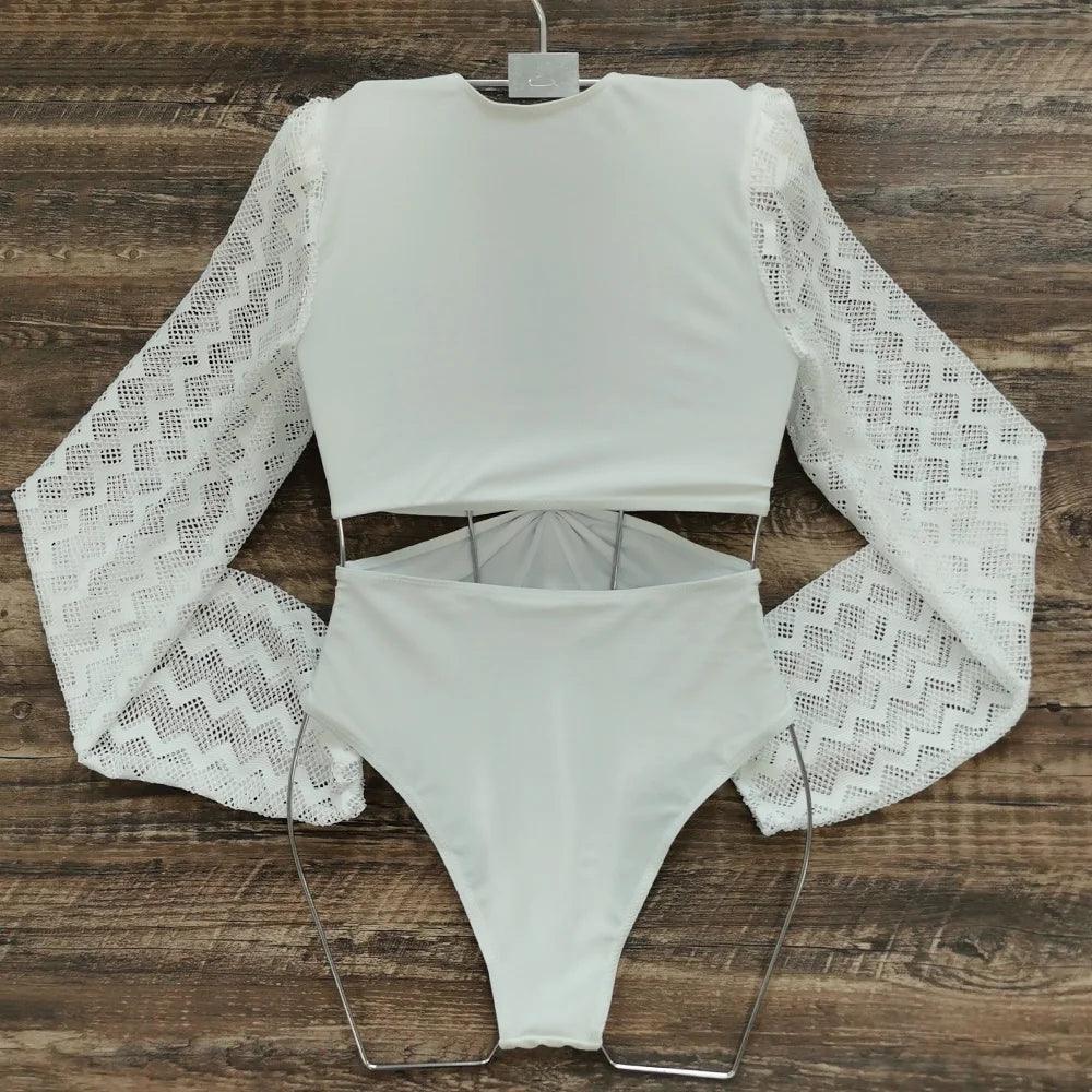 Retro Long Hollow Out Sleeve One Piece Swimsuit - AdDRESSingMe