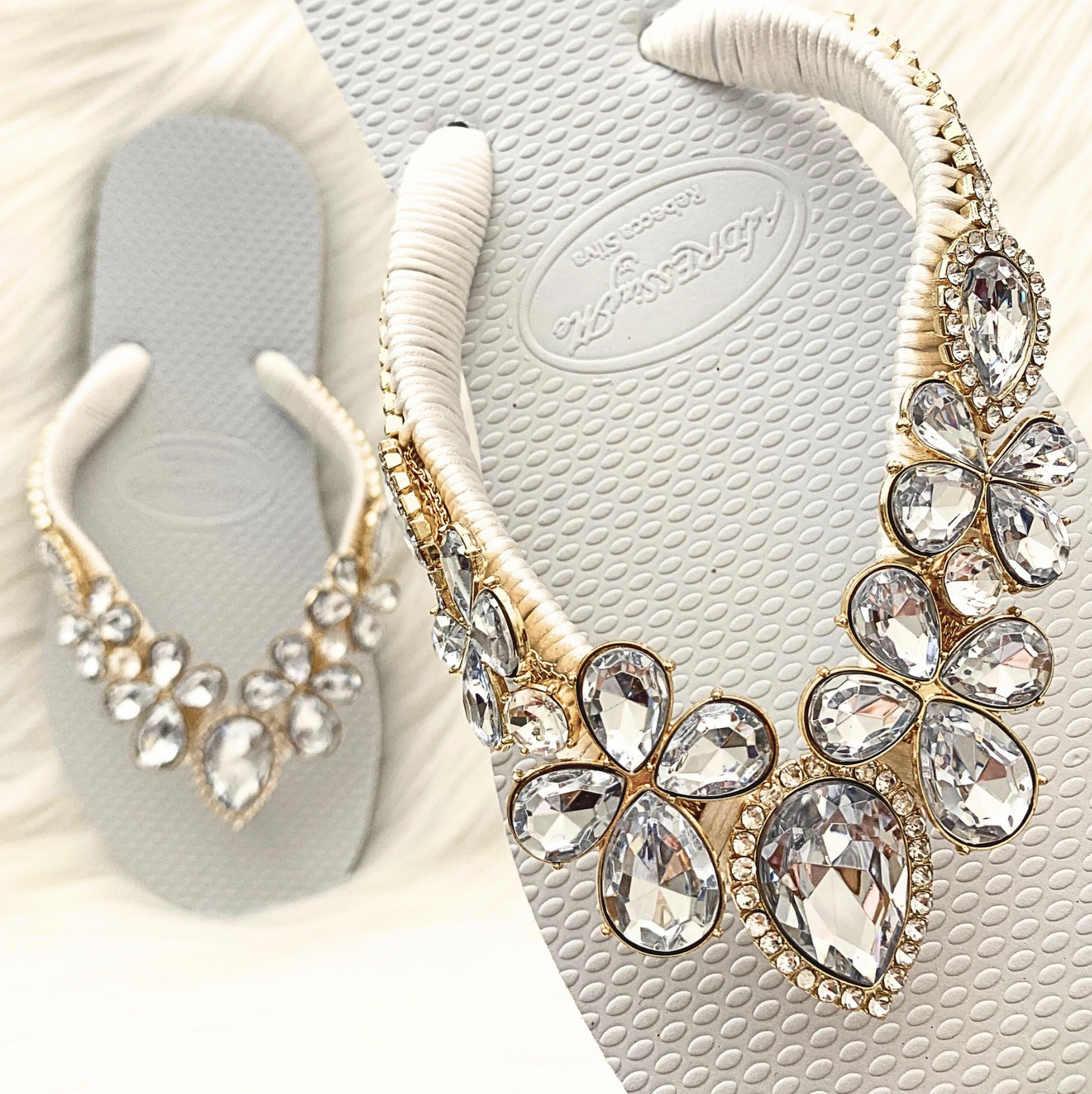 AdDRESSingMe™ Luxurious White Flip Flops With Rhinestones
