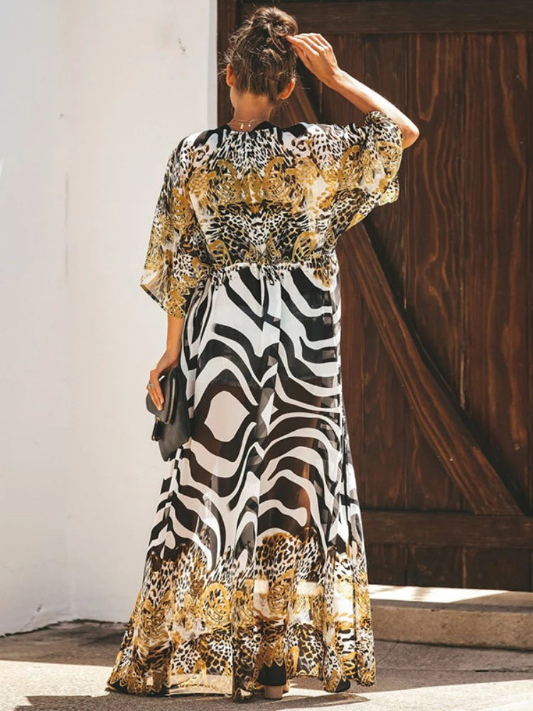 Women's Summer Beach Cover Up Dress - Leopard Zebra Print Luxury Fashion Kimono - AdDRESSingMe
