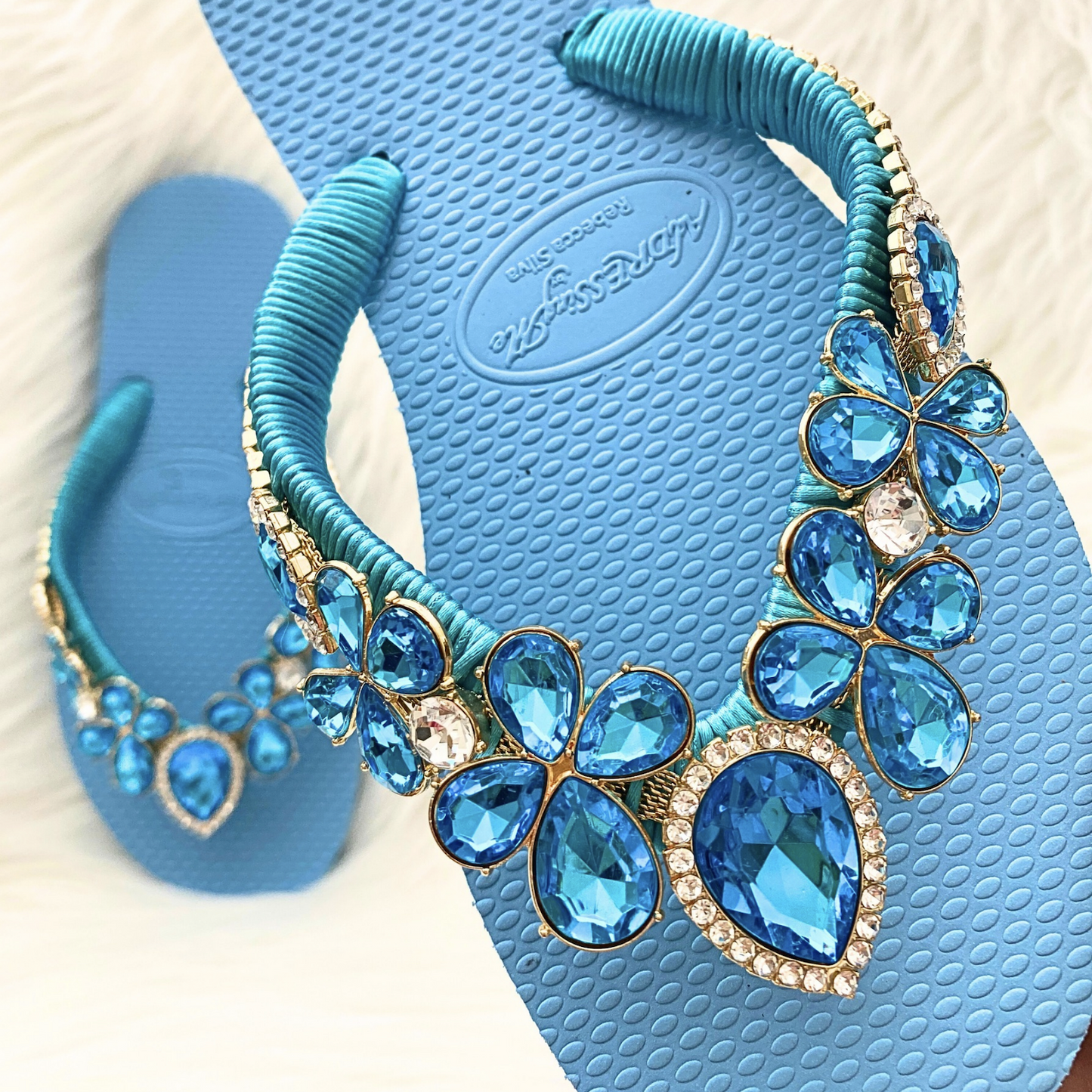 AdDRESSingMe™ Luxurious Light Blue Flip Flops With Rhinestones - – Serene, Soft & Stunning