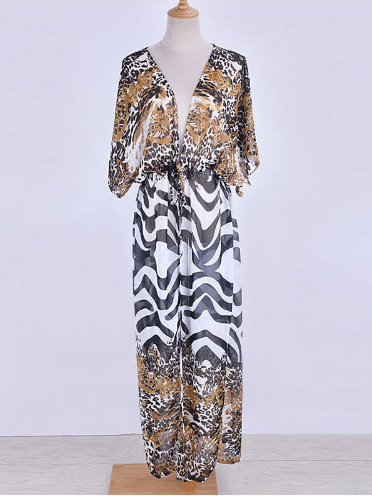 Women's Summer Beach Cover Up Dress - Leopard Zebra Print Luxury Fashion Kimono - AdDRESSingMe