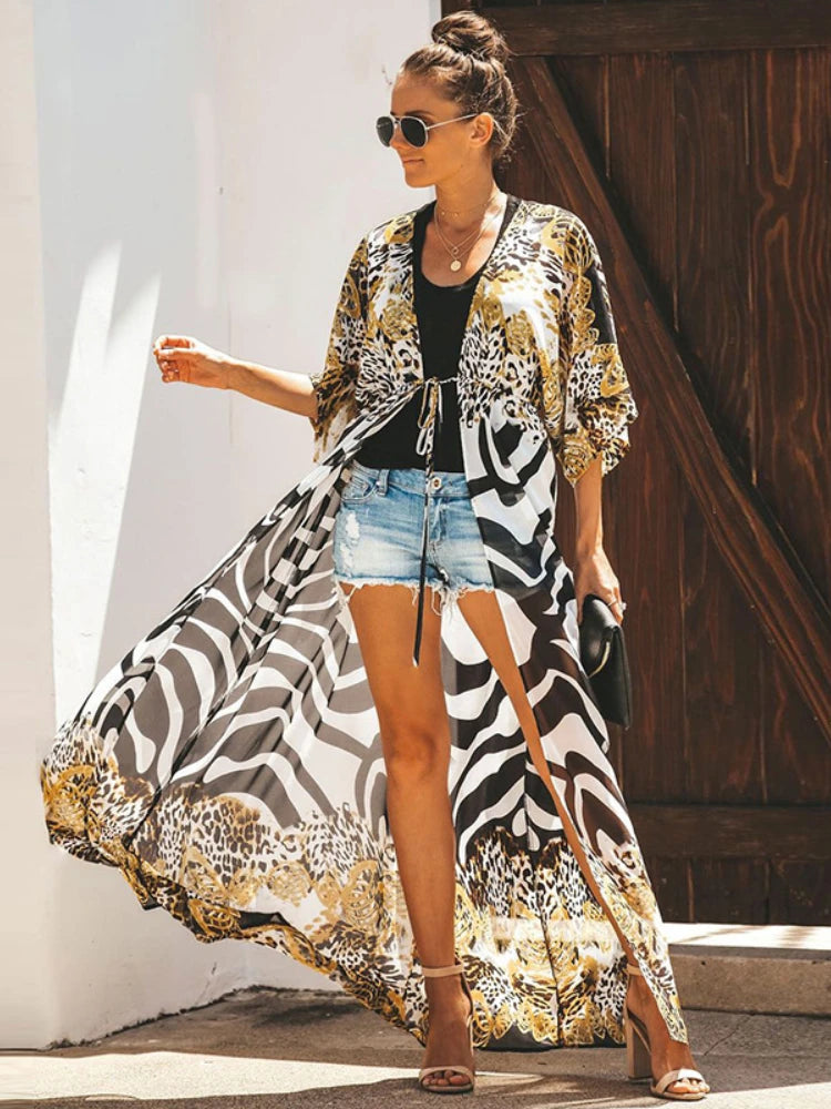 Women's Summer Beach Cover Up Dress - Leopard Zebra Print Luxury Fashion Kimono - AdDRESSingMe