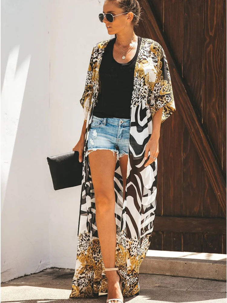 Women's Summer Beach Cover Up Dress - Leopard Zebra Print Luxury Fashion Kimono - AdDRESSingMe