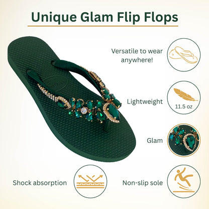 AdDRESSingMe™ Luxurious Emerald Green Flip Flops With Rhinestones – Sparkly, Soft & Stunning