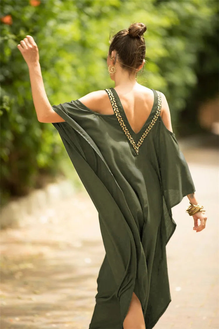Women's Cold Shoulder Kaftan Dress - Olive Green Boho Beach Cover Up - AdDRESSingMe