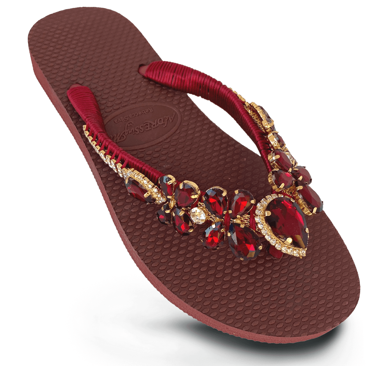 Luxurious burgundy rhinestone flip flops with soft soles and glamorous sparkle for women