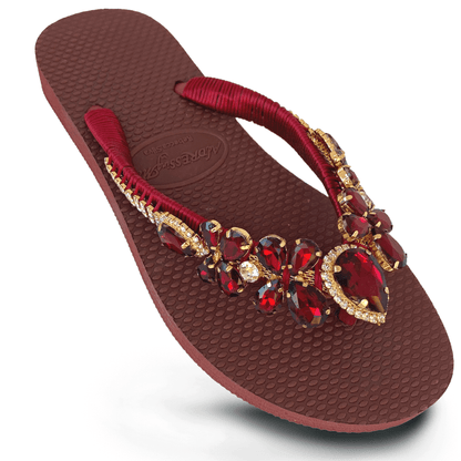 Luxurious burgundy rhinestone flip flops with soft soles and glamorous sparkle for women