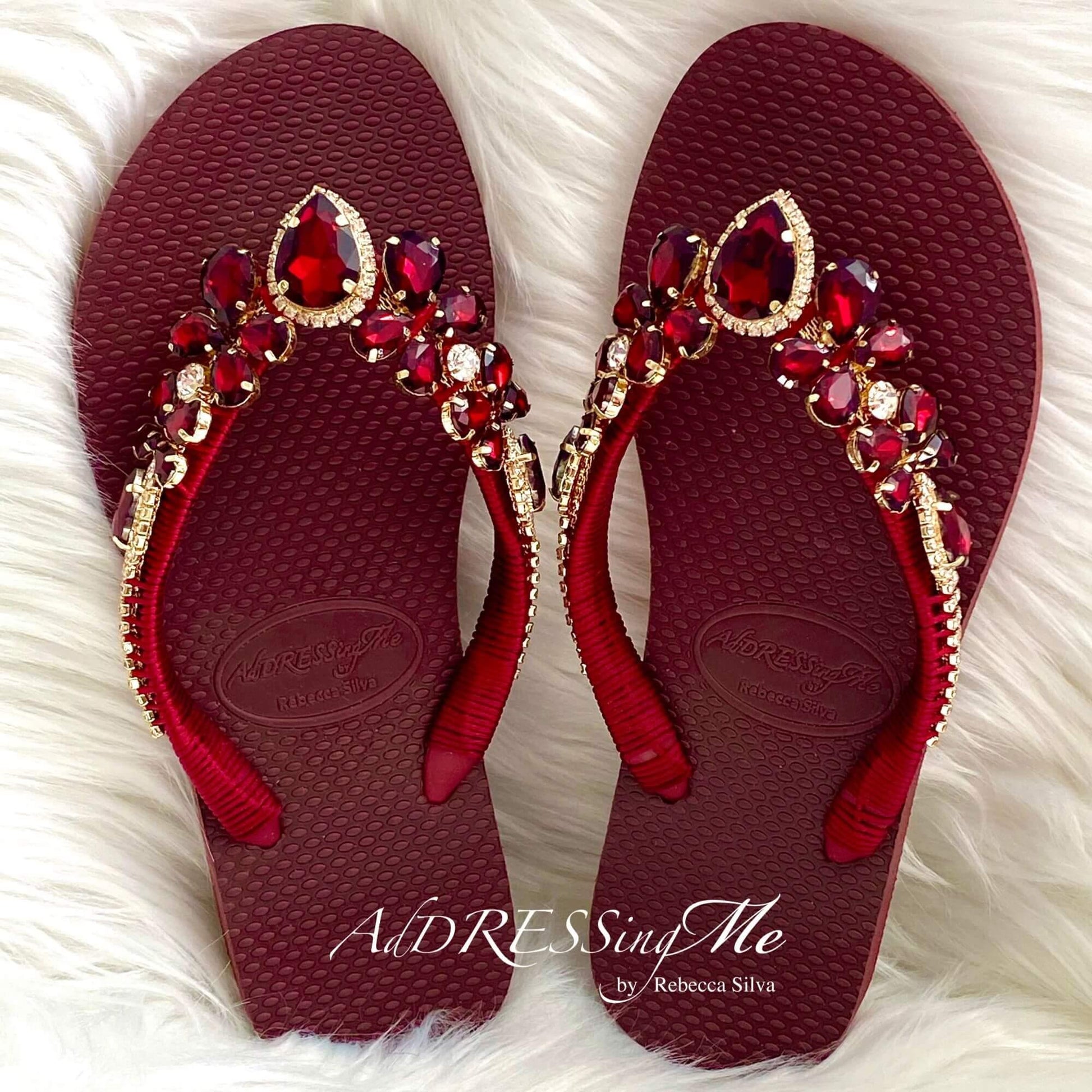 AdDRESSingMe™ Burgundy Luxurious Flip Flops With Rhinestones - AdDRESSingMe