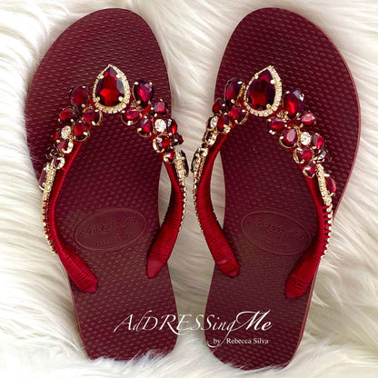 AdDRESSingMe™ Burgundy Luxurious Flip Flops With Rhinestones - AdDRESSingMe