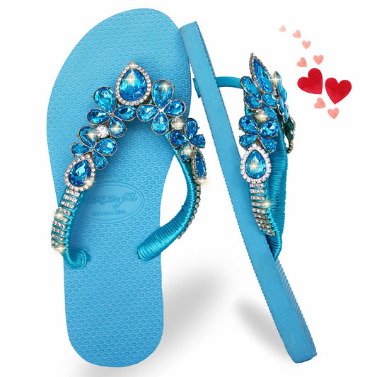 AdDRESSingMe™ Luxurious Light Blue Flip Flops With Rhinestones - – Serene, Soft & Stunning