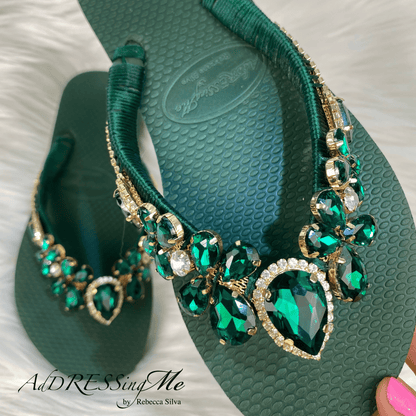 AdDRESSingMe™ Luxurious Emerald Green Flip Flops With Rhinestones – Sparkly, Soft & Stunning