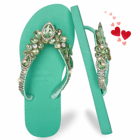AdDRESSingMe™ Luxurious Light Green Flip Flops With Rhinestones – Fresh, Soft & Sparkly