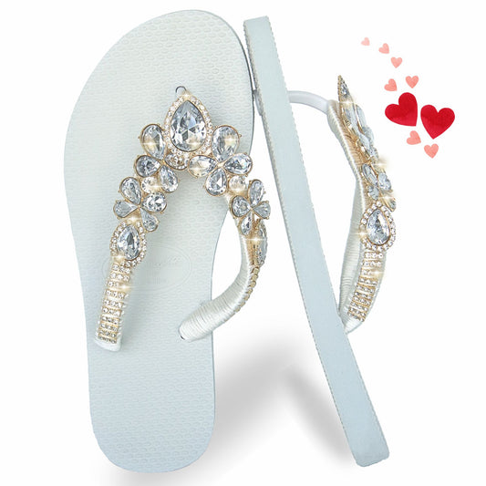 AdDRESSingMe™ Luxurious White Flip Flops With Rhinestones