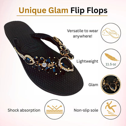 AdDRESSingMe™ Black Luxurious Flip Flops With Rhinestones