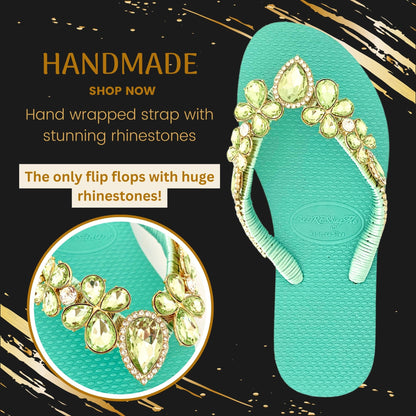 AdDRESSingMe™ Luxurious Light Green Flip Flops With Rhinestones – Fresh, Soft & Sparkly
