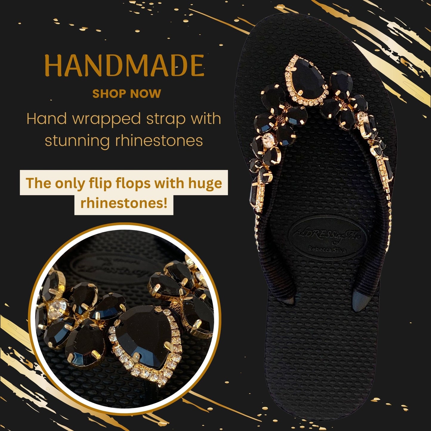 AdDRESSingMe™ Black Luxurious Flip Flops With Rhinestones