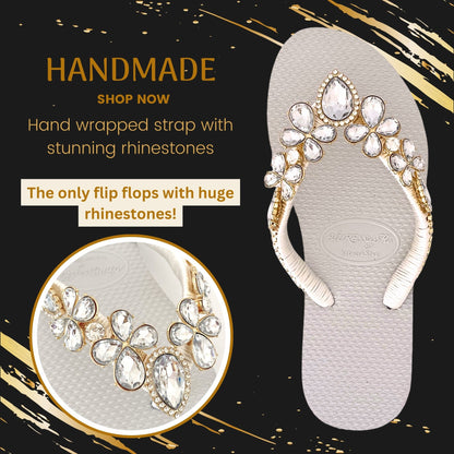 AdDRESSingMe™ Luxurious White Flip Flops With Rhinestones