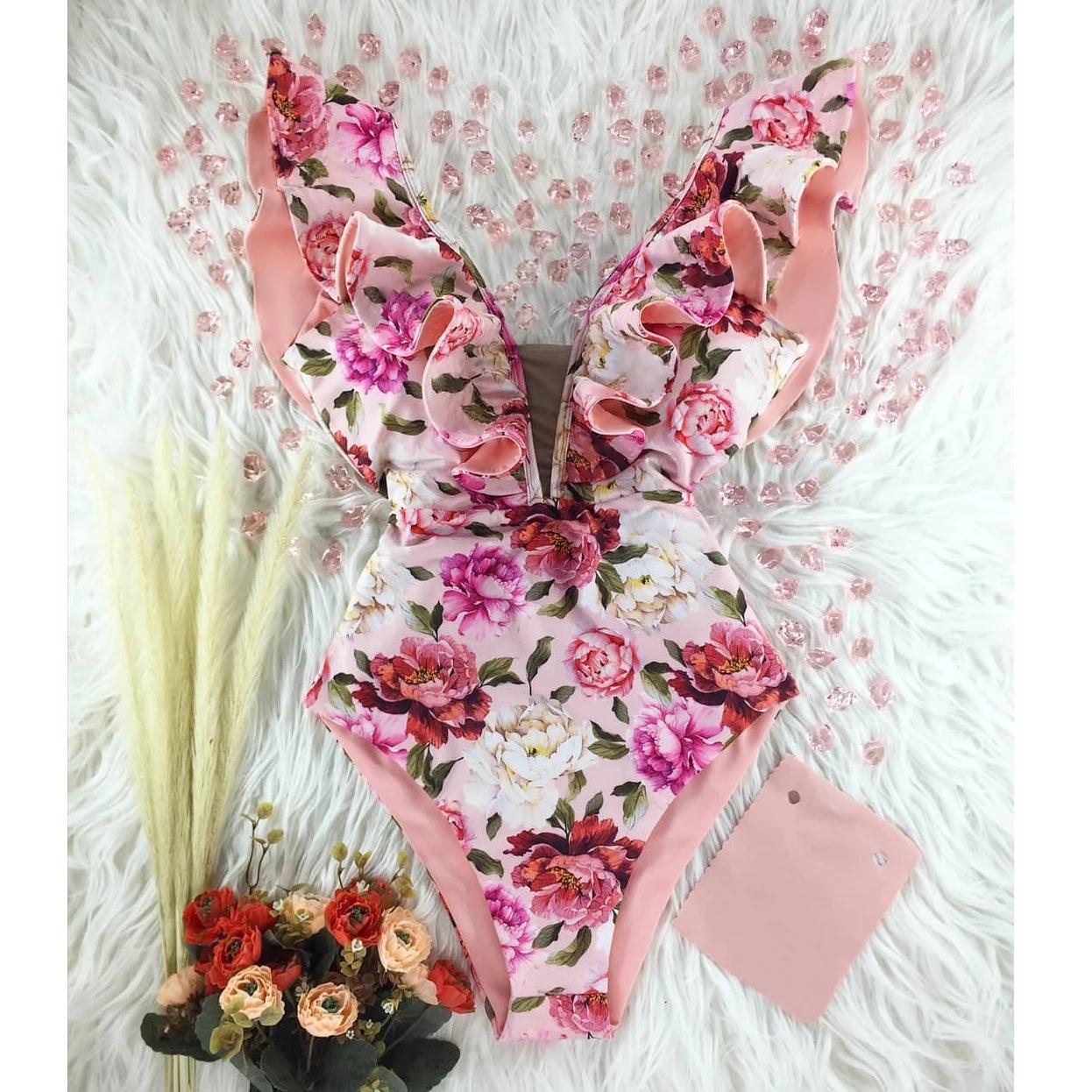 Deep V-neck Ruffle Shoulders One Piece Swimsuit - AdDRESSingMe